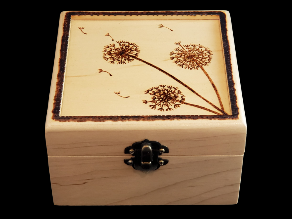Dandelion Fluff Woodburned Maple Wood Jewelry Box, Keepsake Box